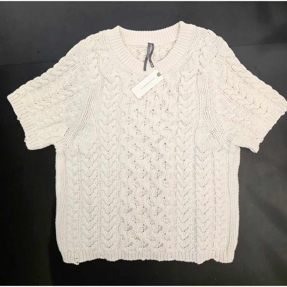 Anthropologie Ivory Chunky Cable-Knit Short Sleeve Sweater Women's Size Medium